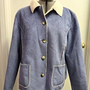 LL Bean Women Faux Suede Sherpa Jacket Size XL PET Blue Collared O DNT8